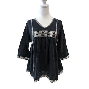 World Market Black Boho Top White Embroidery Size S/M Babydoll Tunic Cotton